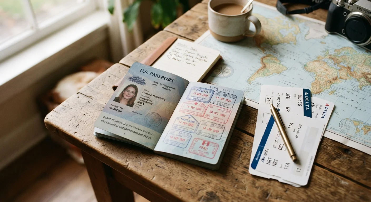 Open passport with visa stamps next to boarding passes and a world map on a desk
