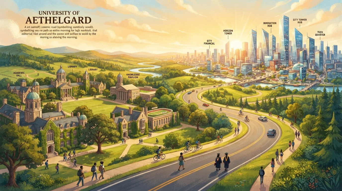 Illustrated pathway leading from a university campus through various learning environments to a professional career setting