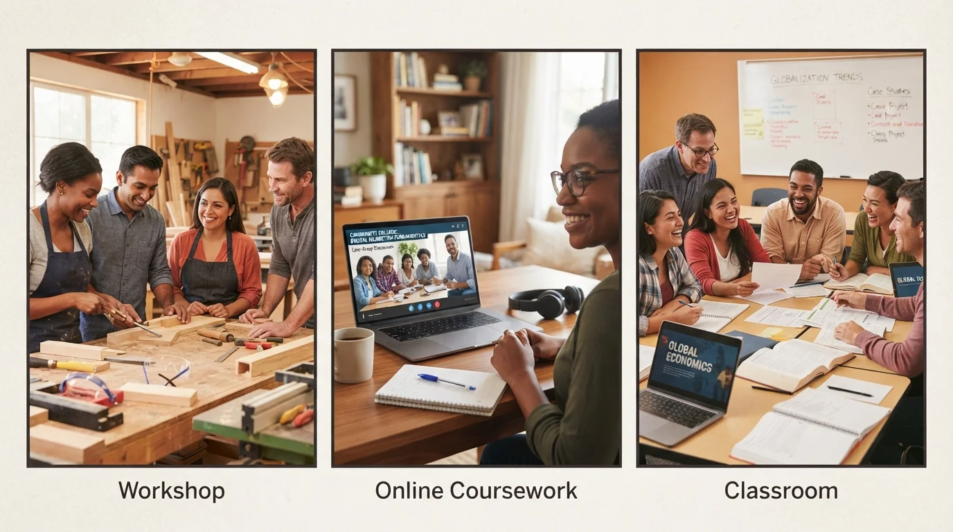 Adult learners engaging in apprenticeship training, online coursework, and classroom-based competency education.