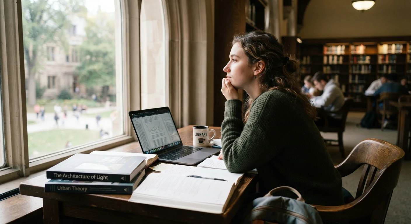 Graduate student sitting at a library desk with books and laptop, looking thoughtfully out a window.