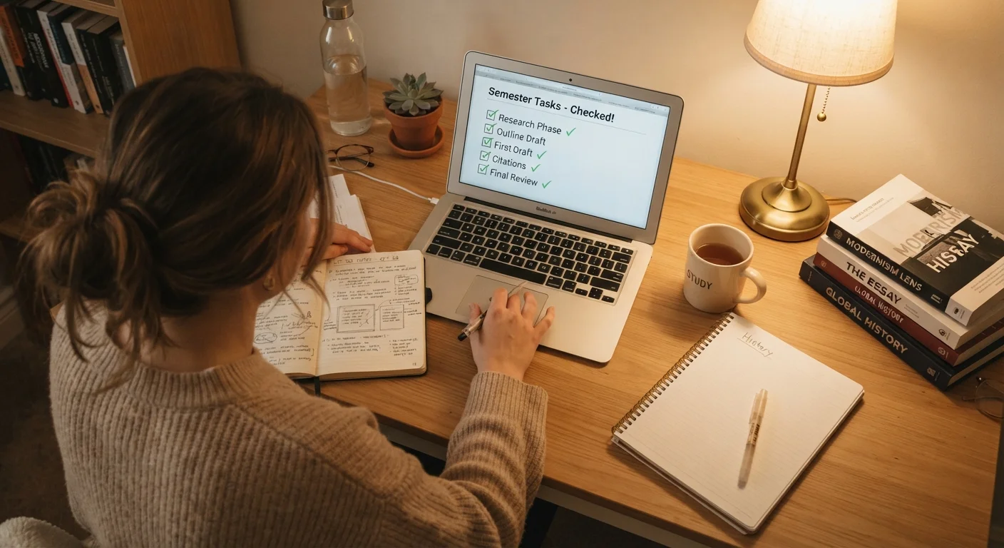 Person at desk reviewing an online course checklist on a laptop with open notebooks nearby