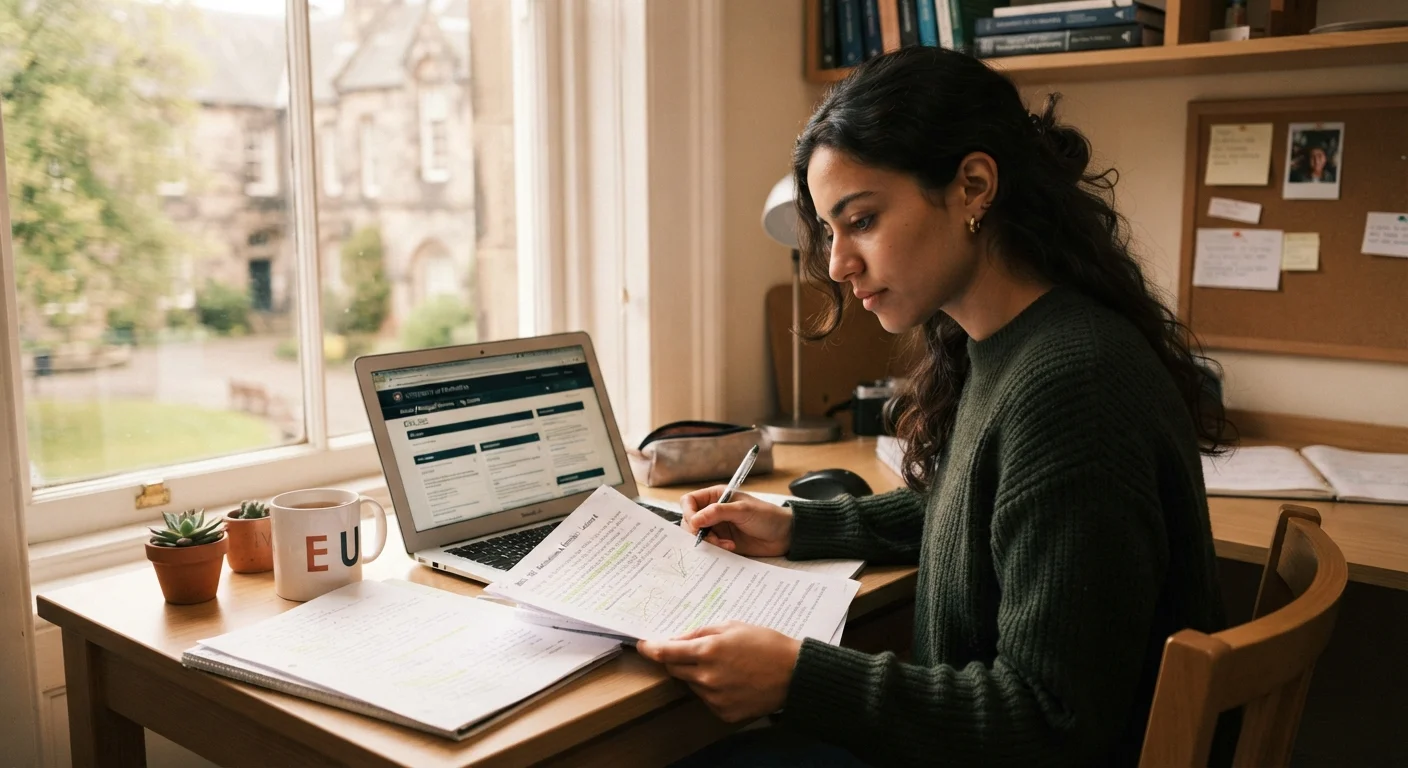 Student reviewing degree program documents and a university website on a laptop at a desk.