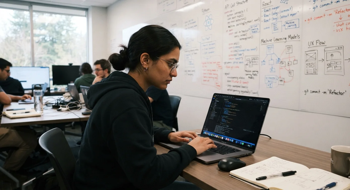 A student studying coding at a laptop in a modern bootcamp-style classroom with whiteboards