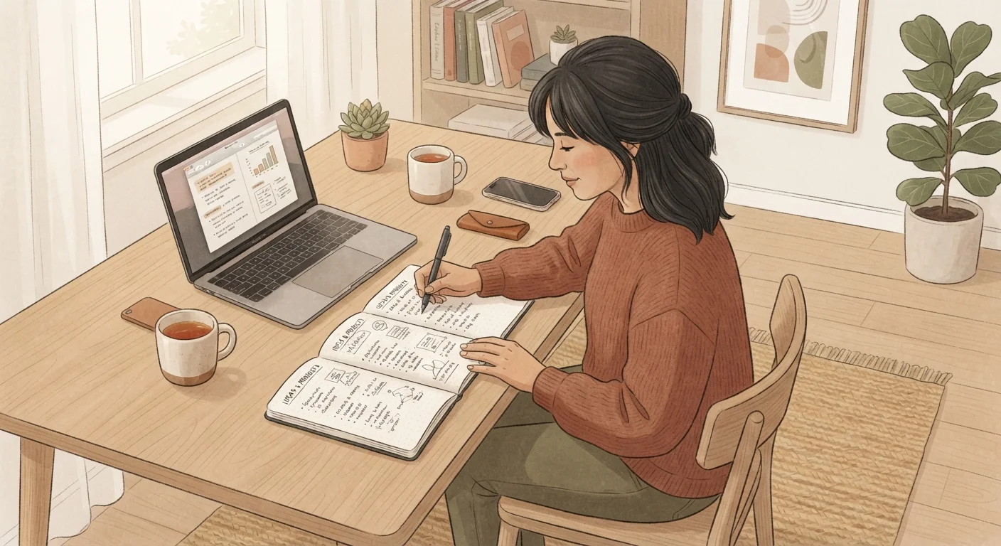 Person writing a structured personal learning plan in a notebook at a tidy desk with a laptop open beside them