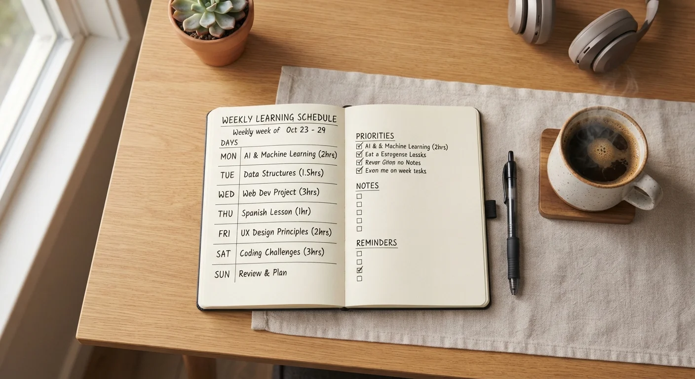 Open notebook with a handwritten personal learning plan and schedule on a desk