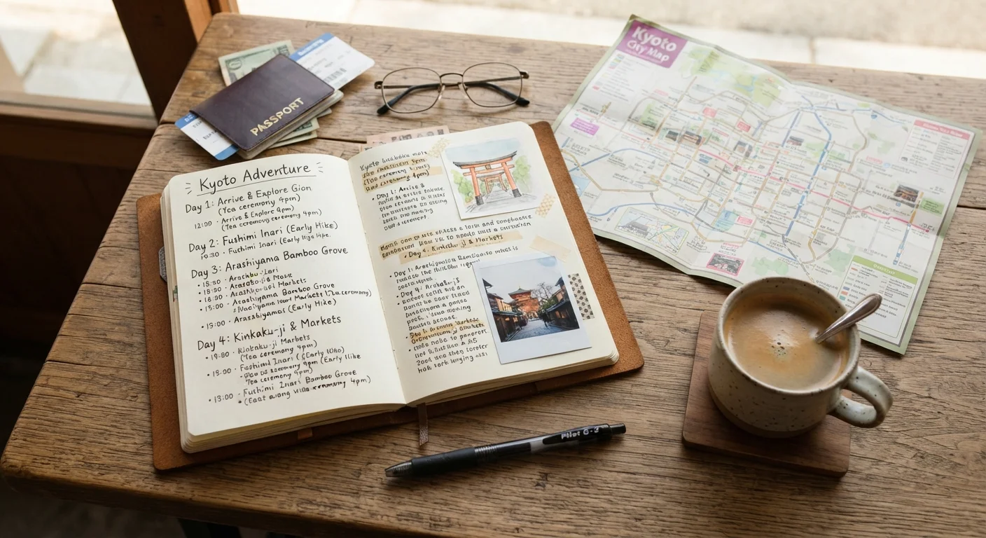 Travel journal with a handwritten itinerary, map, and coffee cup on a wooden table