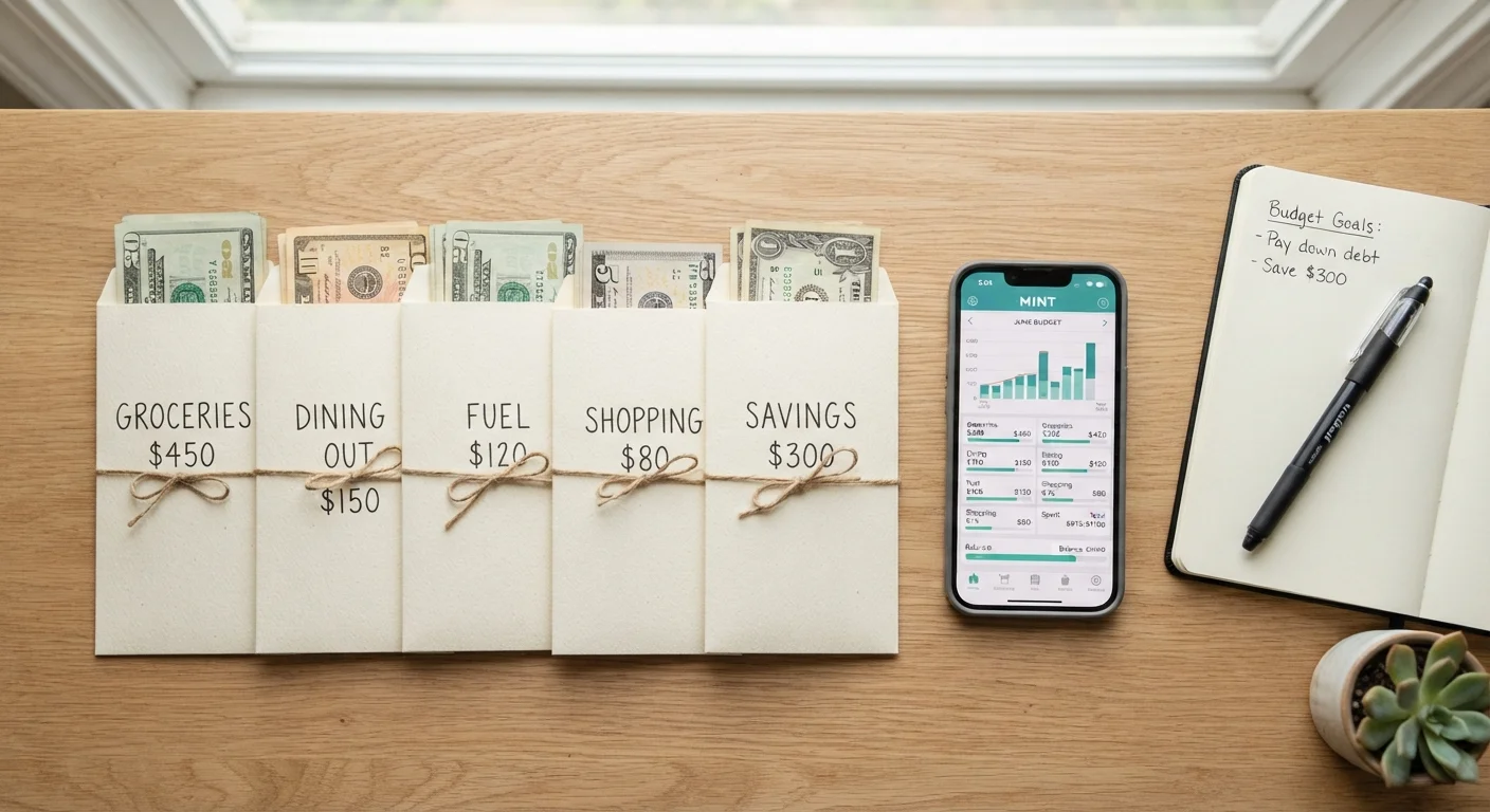 Cash-filled envelopes and a smartphone budgeting app side by side on a desk
