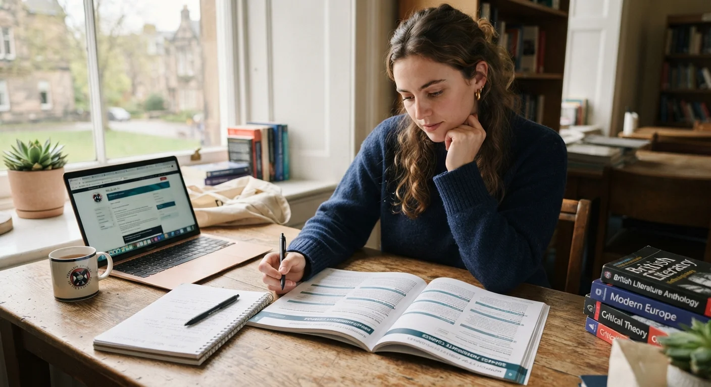 Student reviewing a university course catalog at a wooden desk with notebooks nearby.