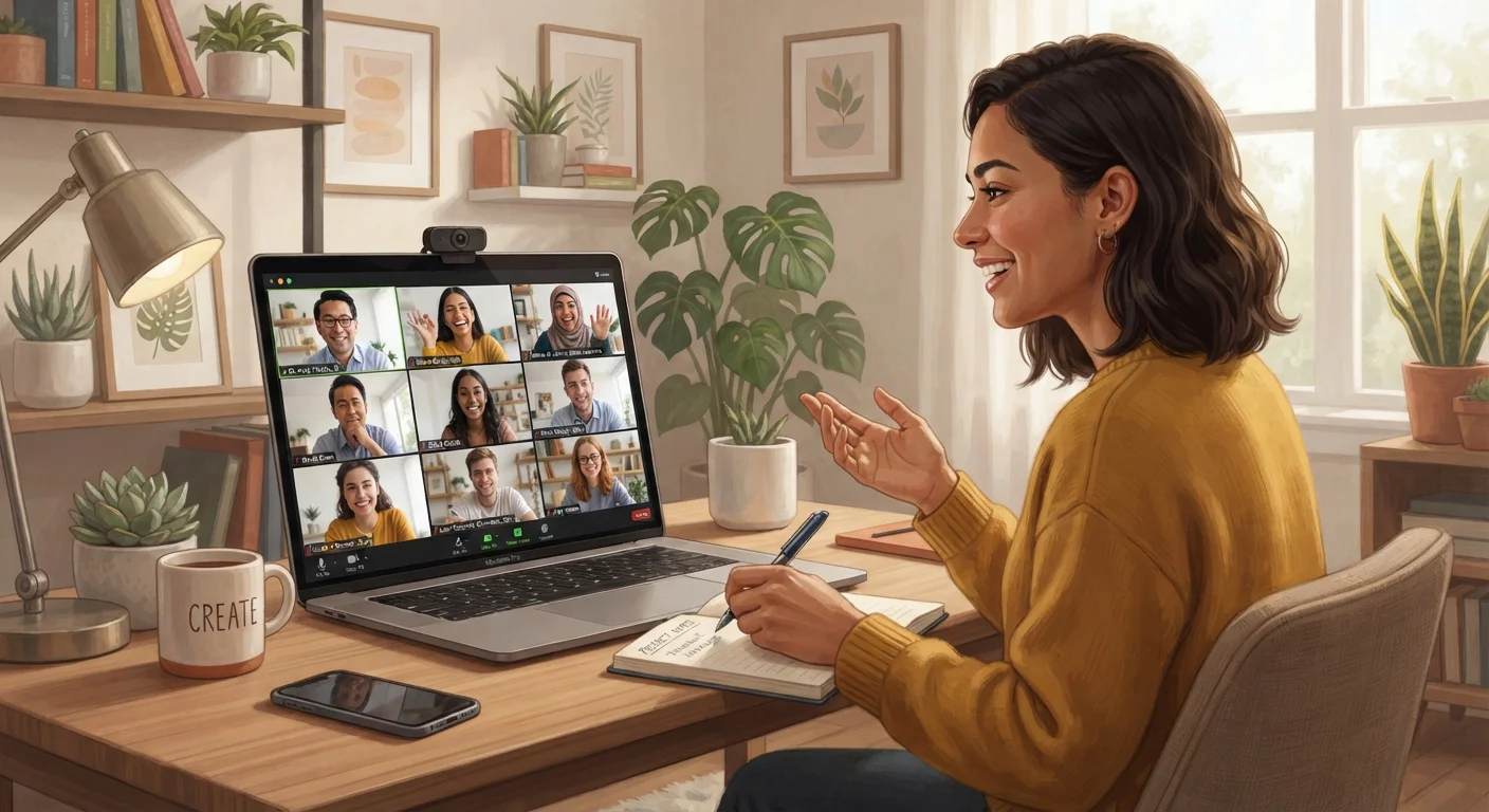 Group of adult learners participating together in a live online cohort course via video call