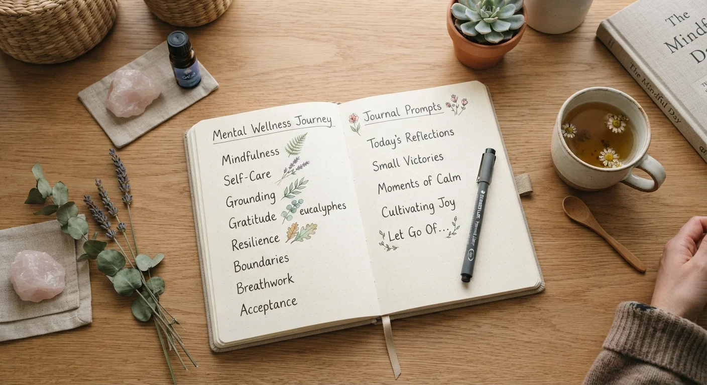 Open notebook with mental health terms written in clear handwriting on a calm desk