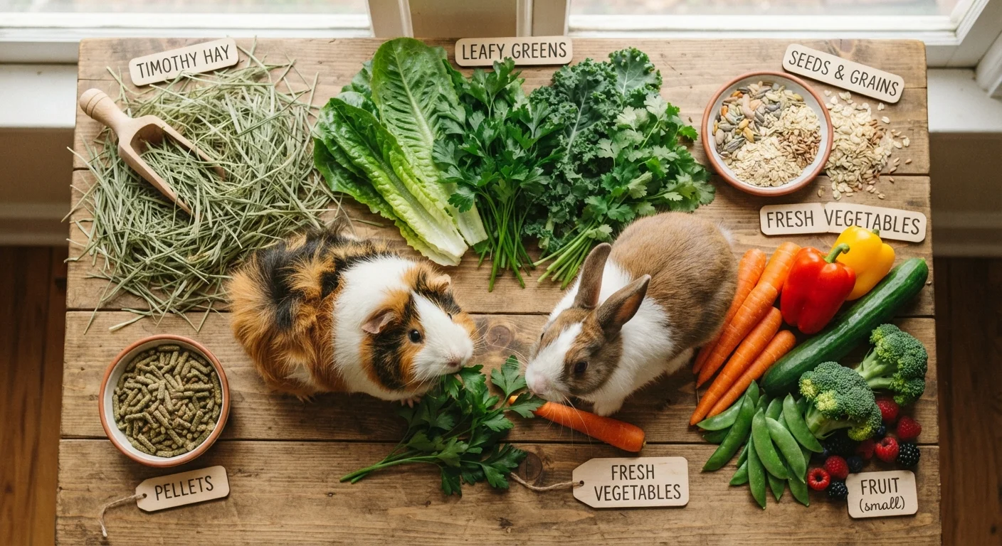 Assorted small pet foods including hay, pellets, seeds, and fresh vegetables arranged on a wooden surface