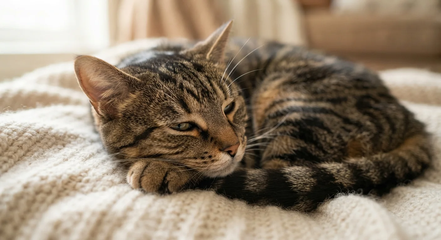 A tabby cat lying on a soft surface with half-closed eyes, appearing relaxed and content