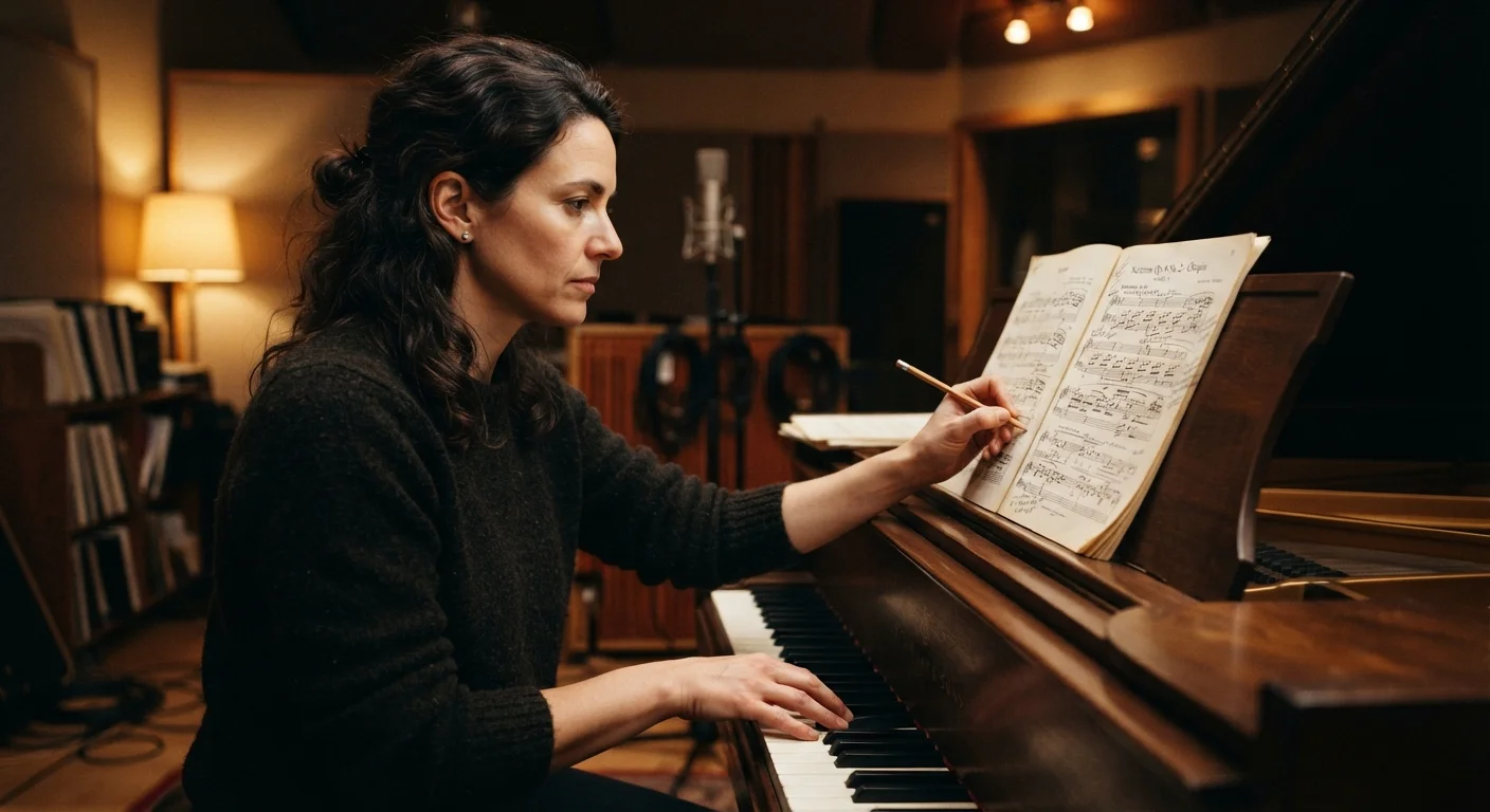 Adult musician practicing piano with sheet music and pencil, focused and deliberate