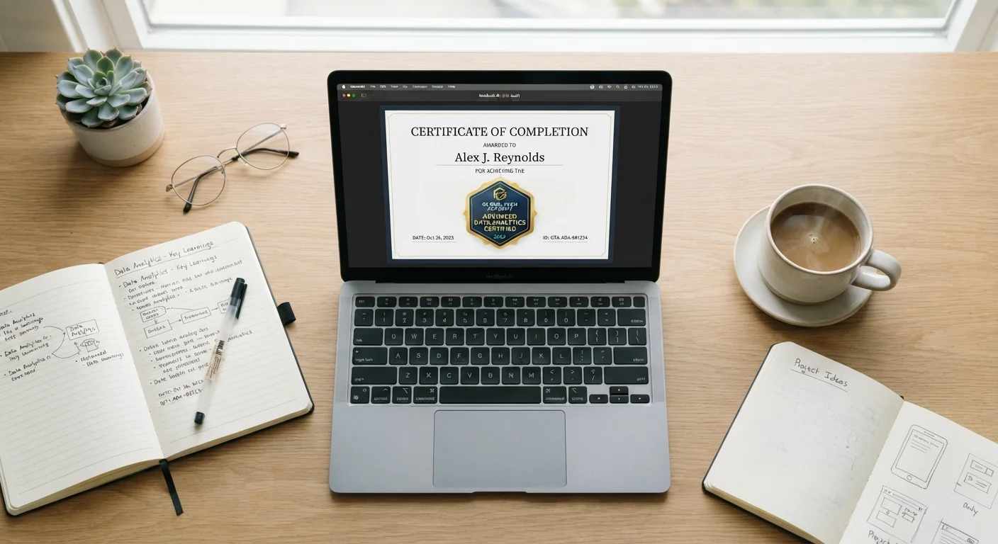 Laptop screen showing a digital badge certificate with notebooks nearby on a desk.