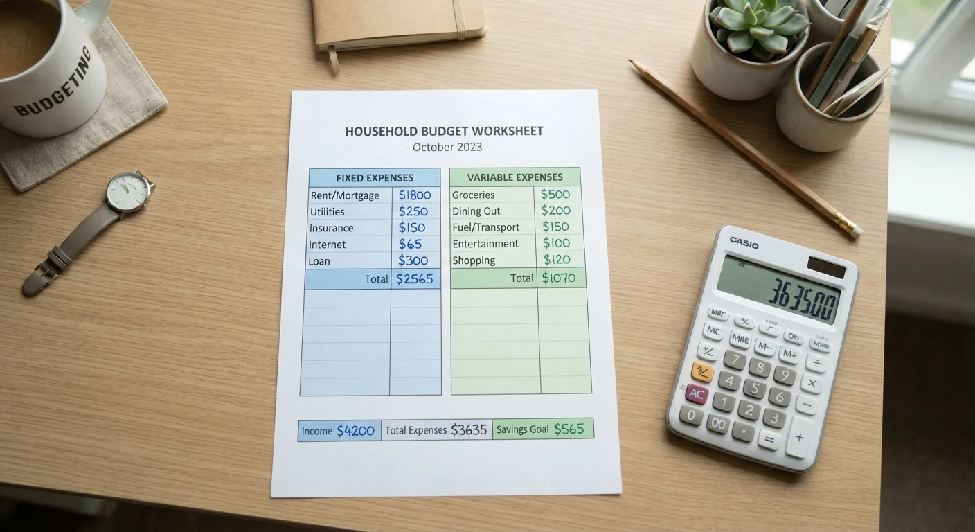 A budget worksheet split into two columns representing fixed and variable monthly expenses
