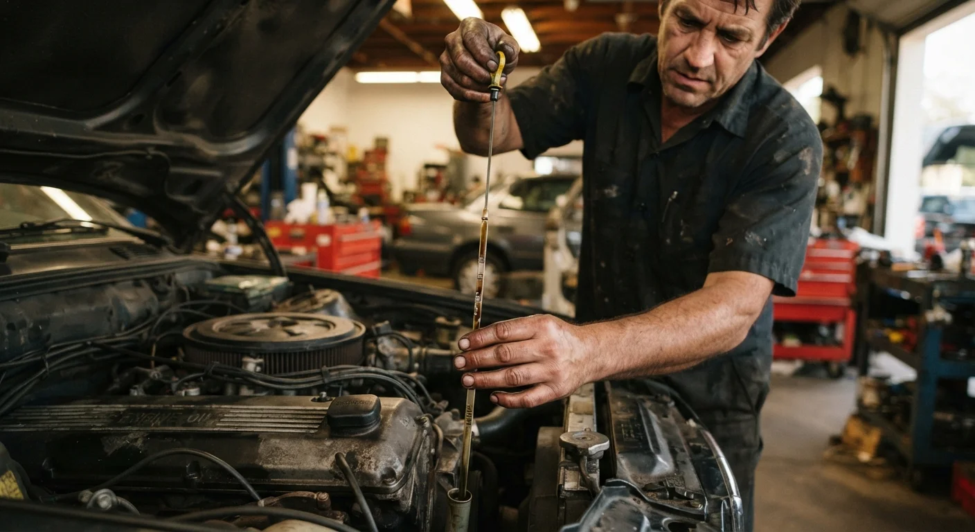 Hands checking engine fluid levels under an open car hood with a dipstick