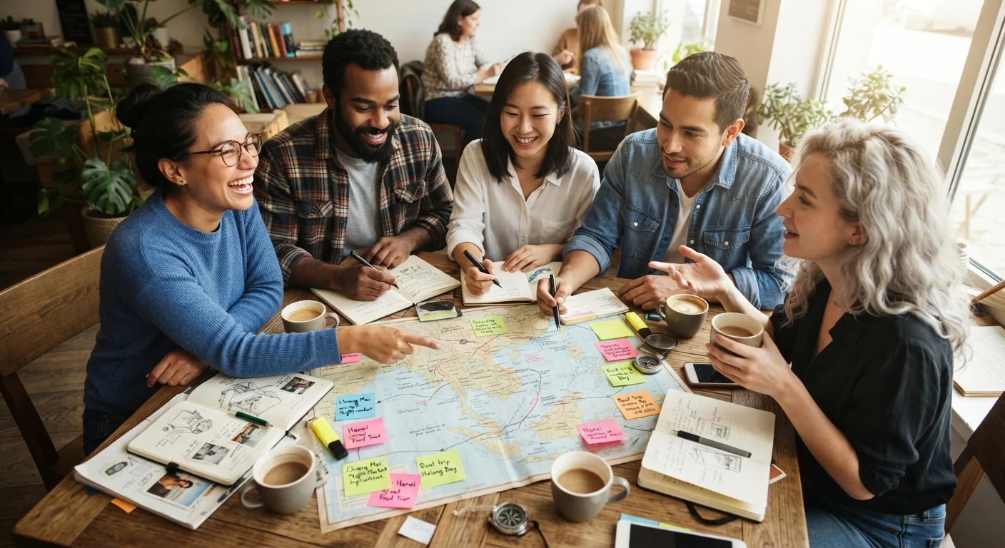 Diverse group of adults gathered around a table with maps and notebooks planning a group trip together