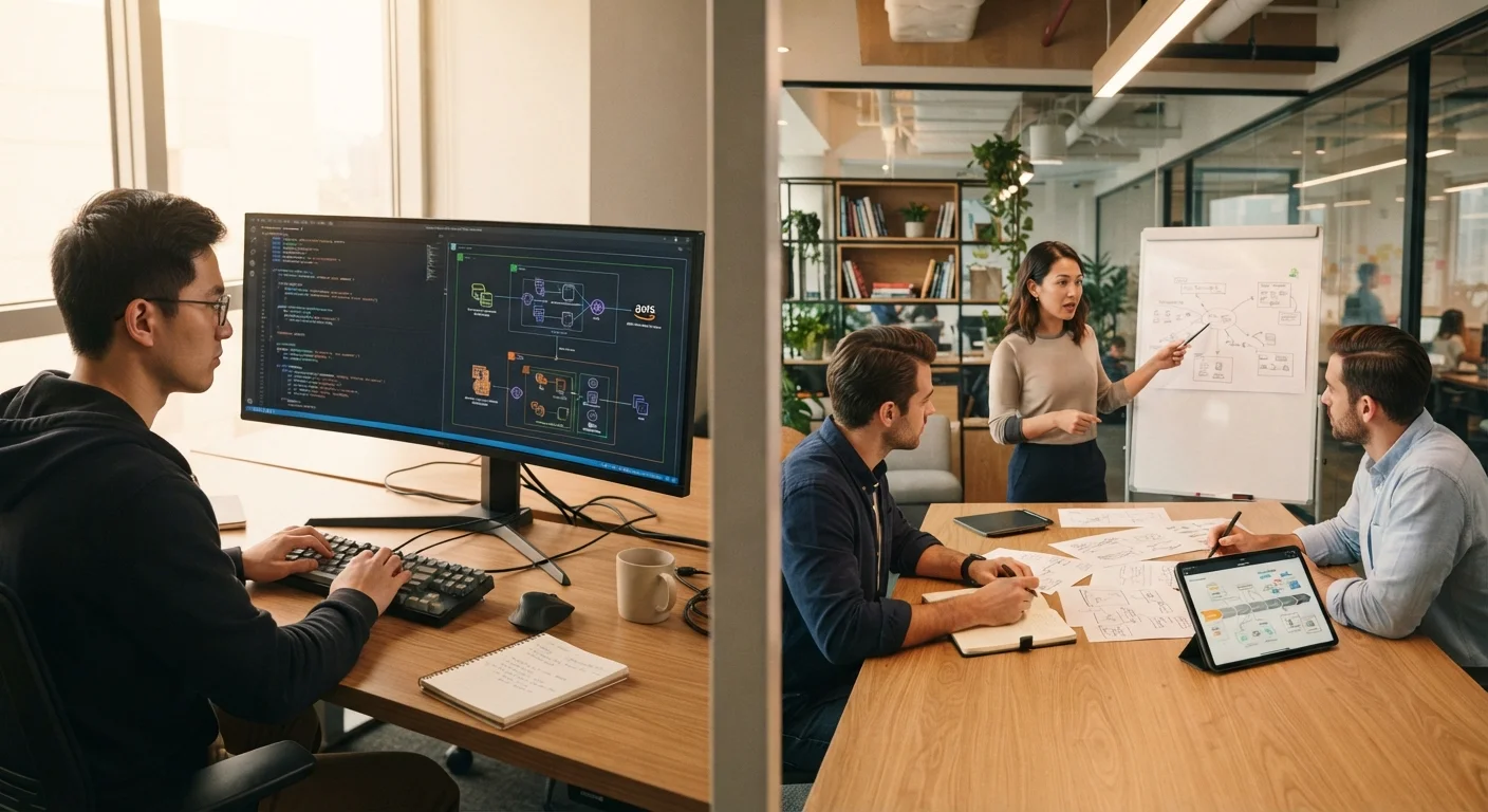 Split image contrasting technical work on a screen with collaborative team discussion at a table
