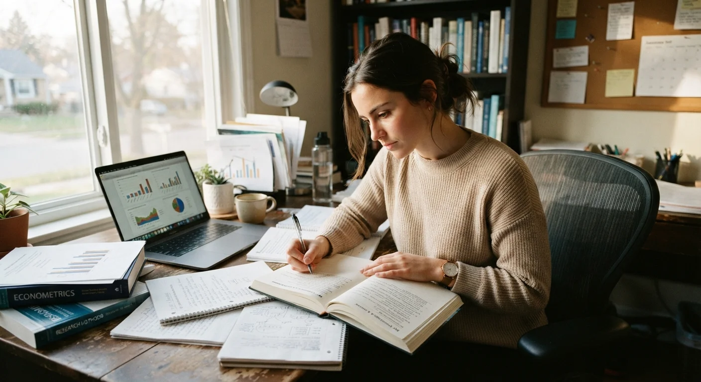 Person studying at a desk with notebooks, laptop, and skill-building materials in warm light