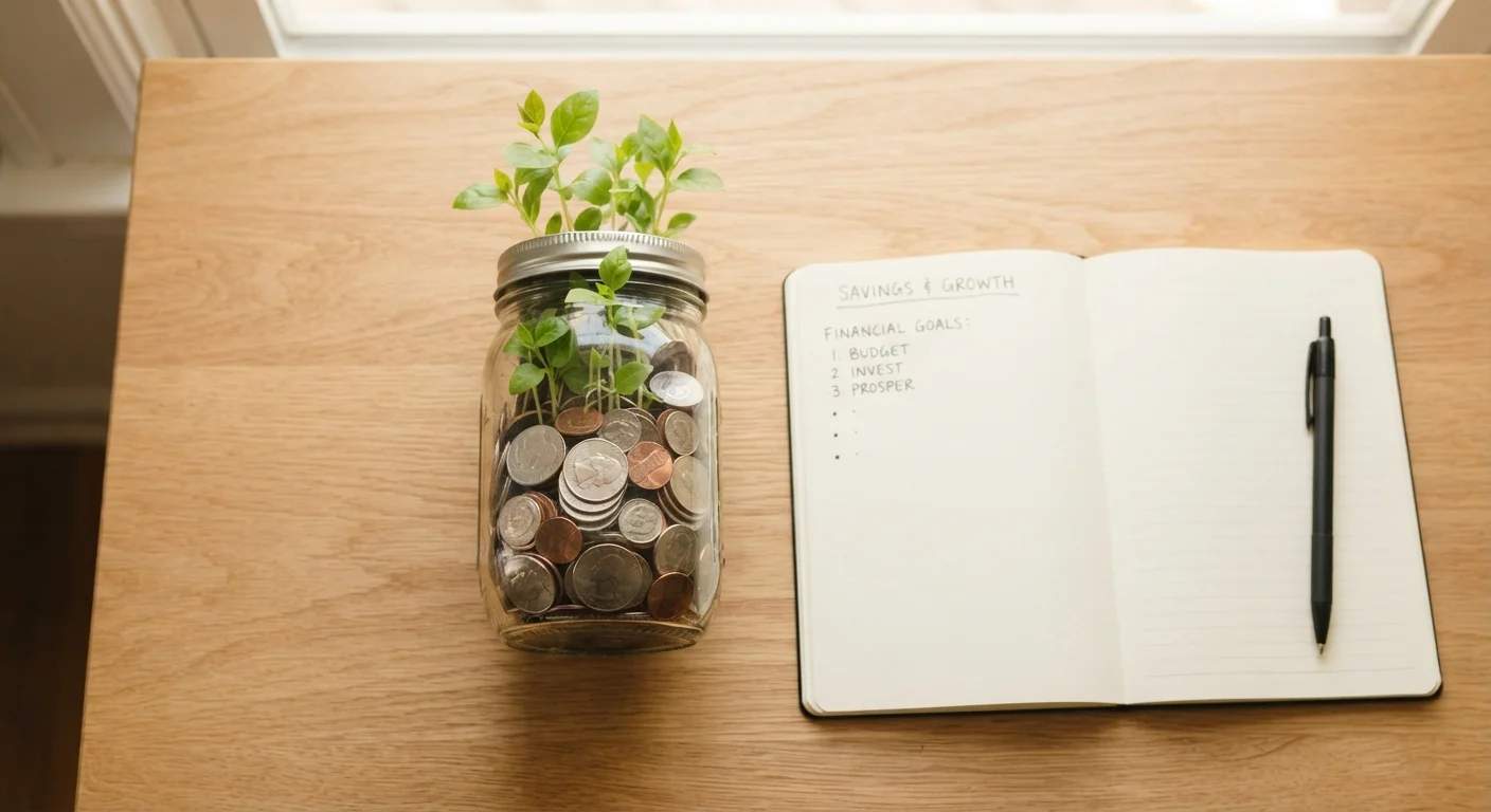 Glass jar filled with coins with small green plants growing from it symbolizing savings growth
