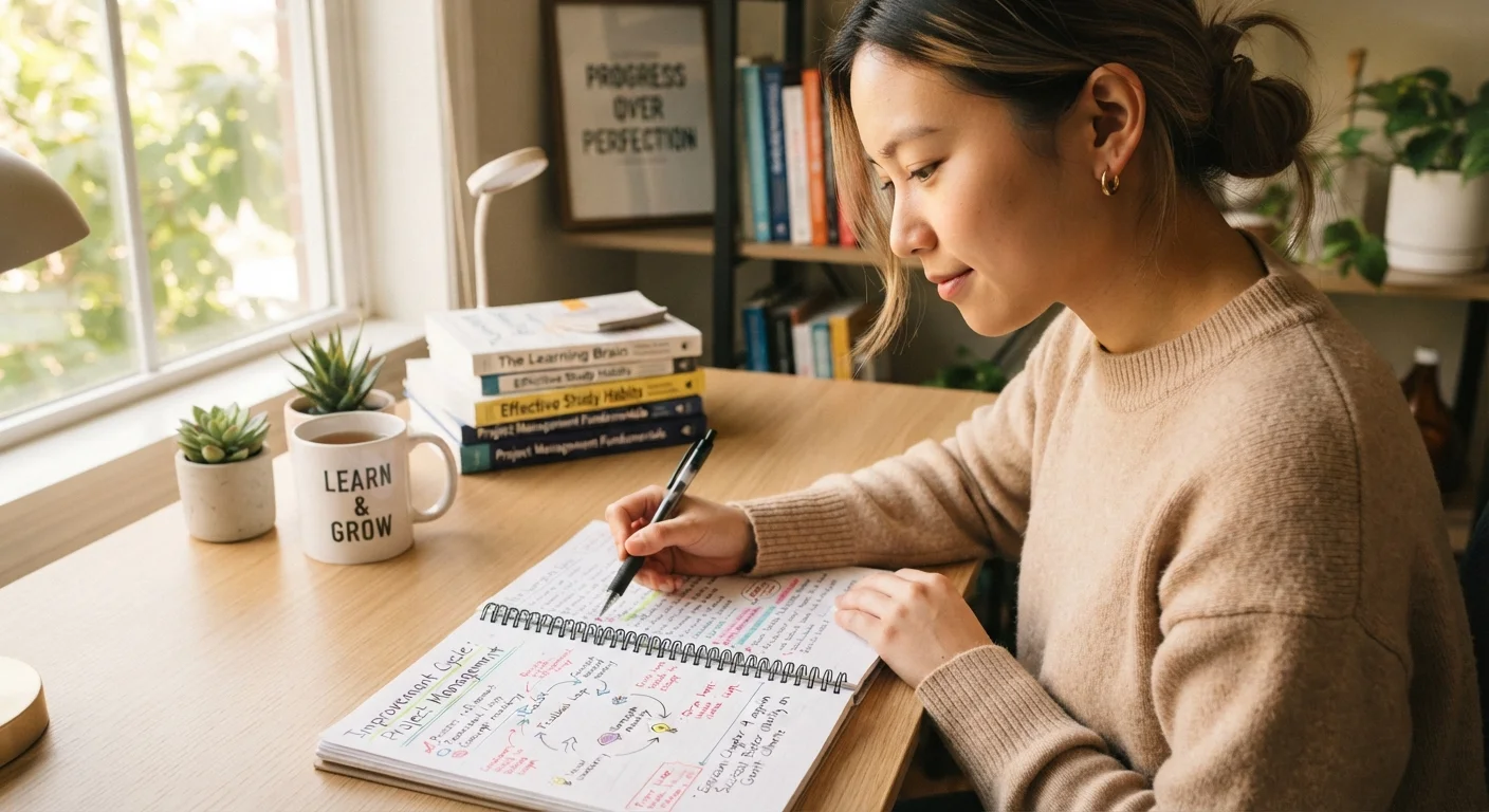A person reviewing annotated notes at a clean desk, representing iterative feedback-driven learning