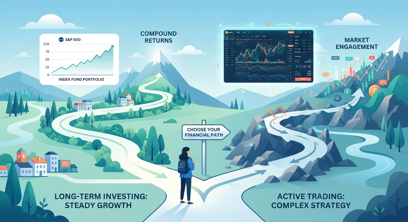 Two diverging investment paths representing index funds versus actively managed funds
