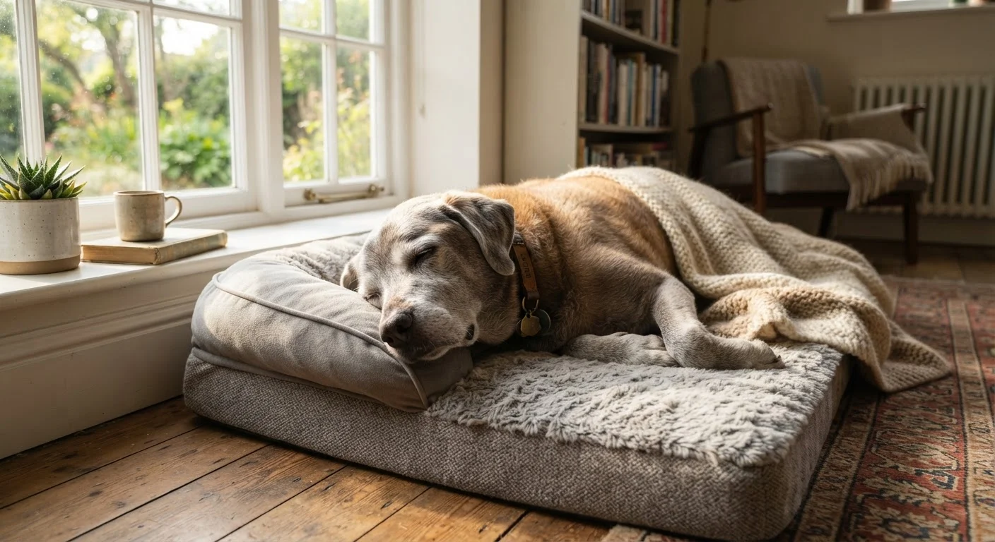 A senior dog with a gray muzzle resting peacefully on an orthopedic dog bed near a sunlit window