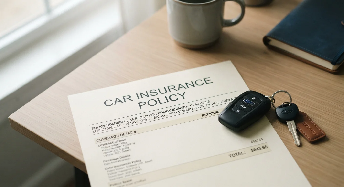Car insurance policy document placed next to a set of vehicle keys on a desk