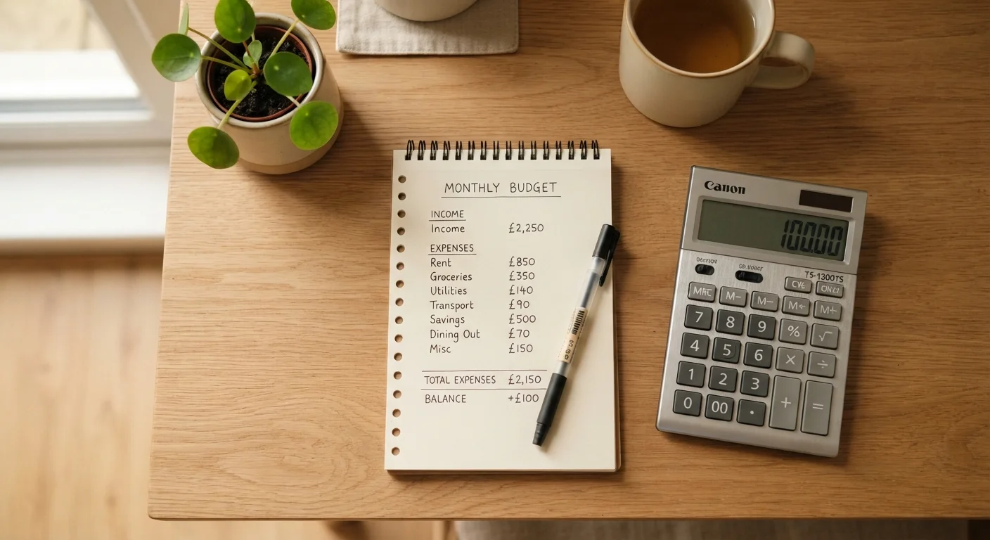 A budget worksheet on a desk next to a calculator and pen in natural light.