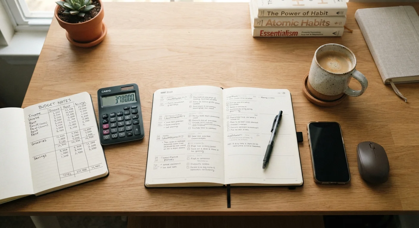 Overhead view of a budget planner, calculator, and coffee mug on a clean desk