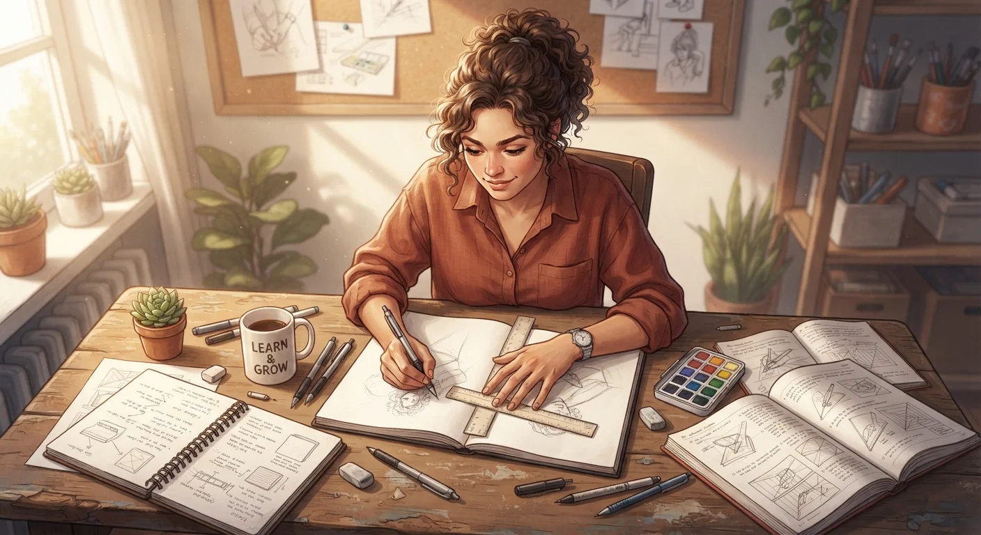 A focused adult learner practicing a new skill at a well-lit desk with notebooks