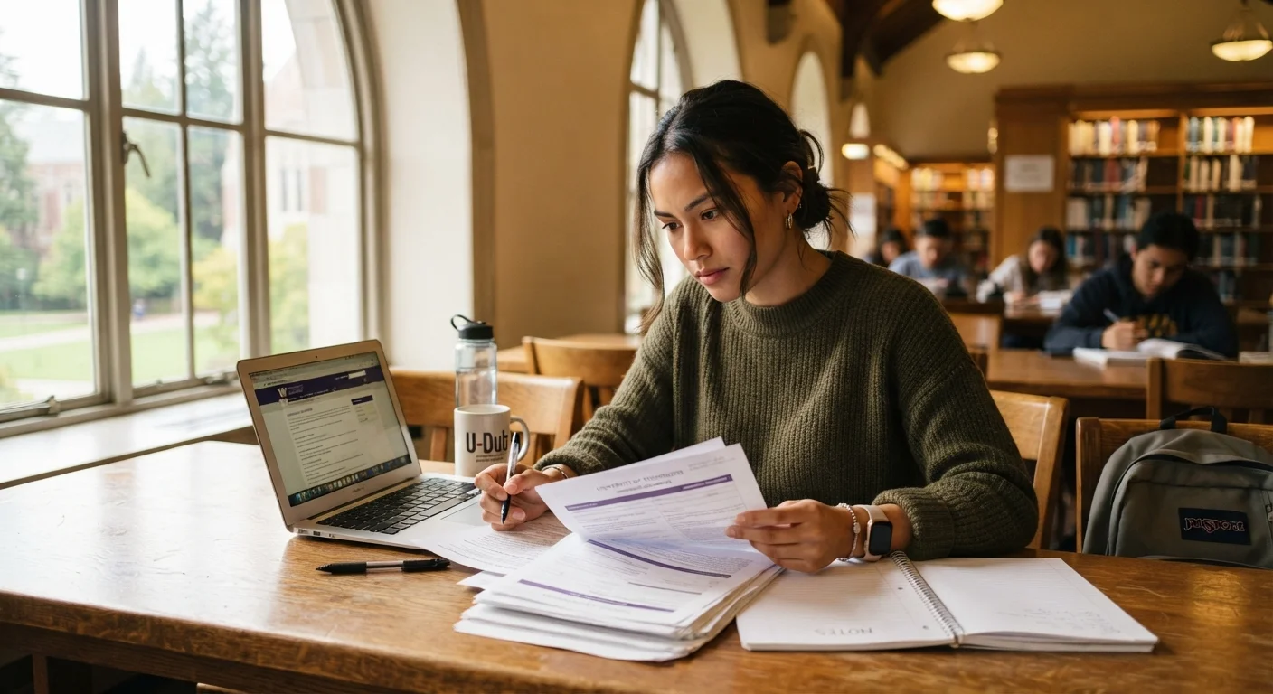 College student reviewing transfer application documents at a library desk with natural light