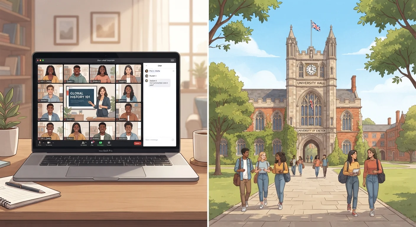 A laptop displaying an online classroom beside a traditional university campus building exterior