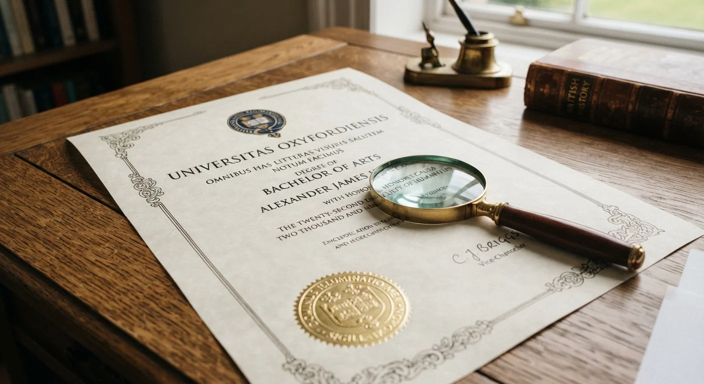 A diploma on a desk with a magnifying glass, symbolizing scrutiny of academic credentials