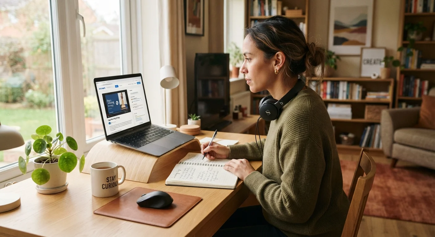 Adult learner at a desk studying an online course on a laptop in a bright home office.