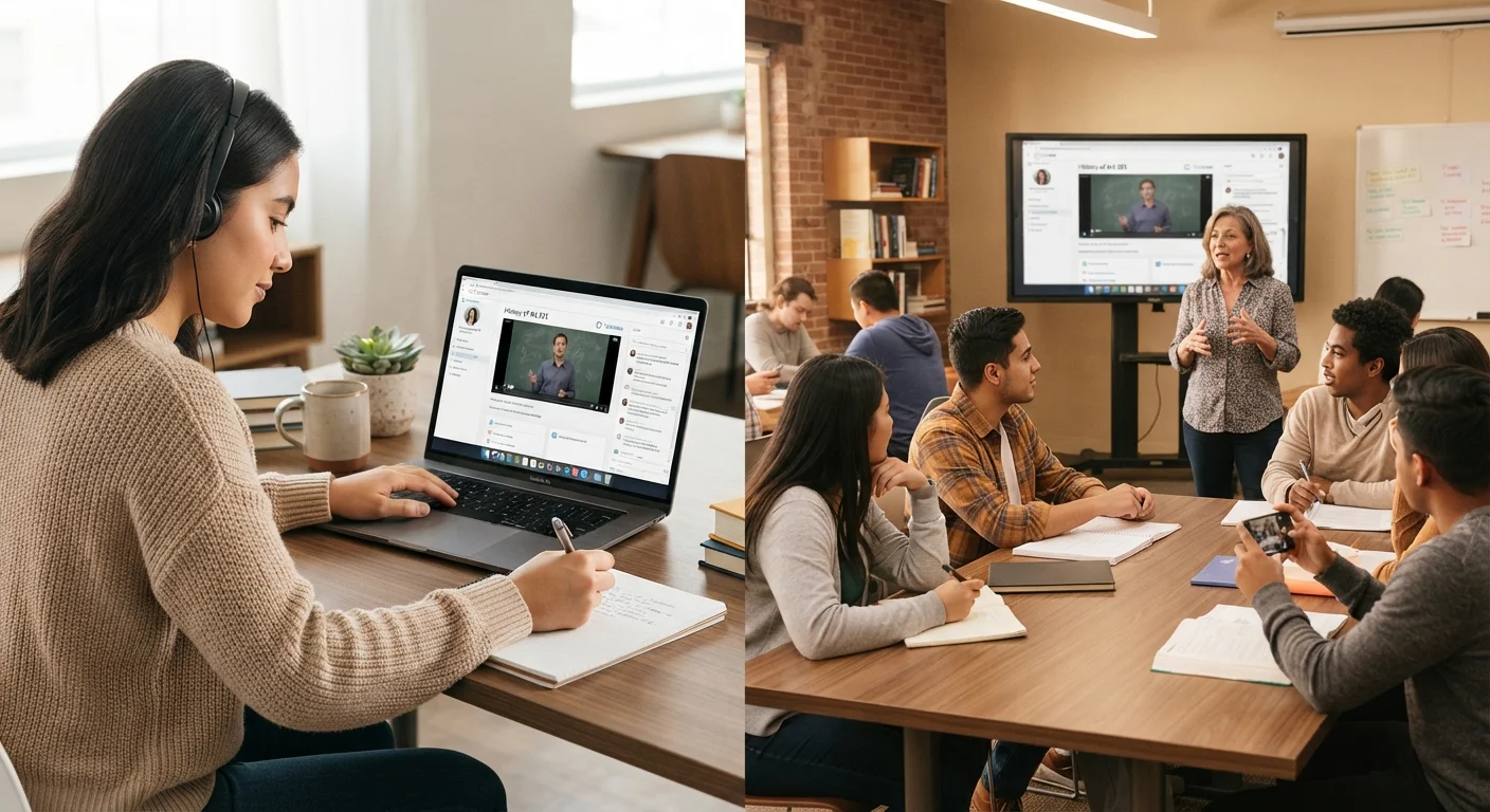 Side-by-side view of an online learning platform on a laptop and a community college classroom