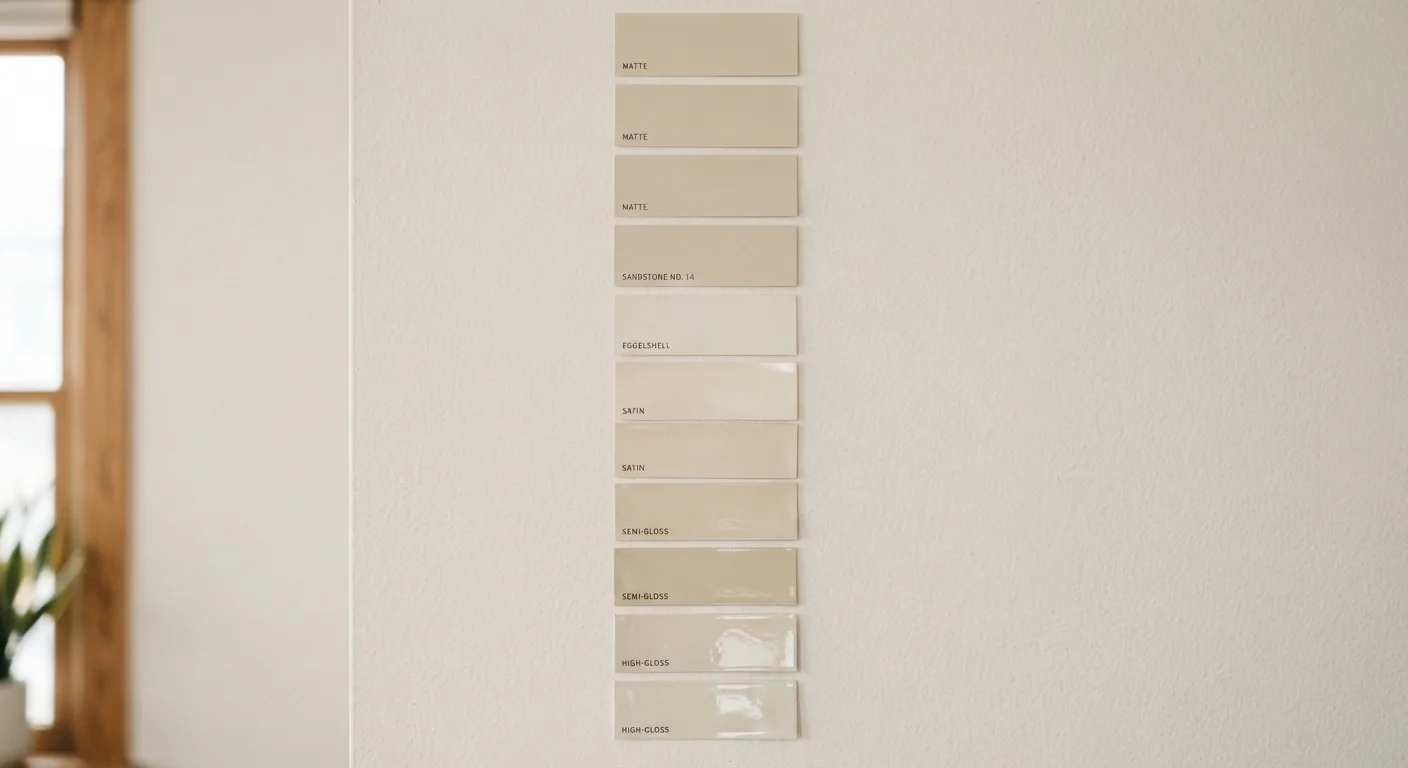 Interior paint swatches arranged in a gradient from flat matte to high-gloss sheen on a white wall