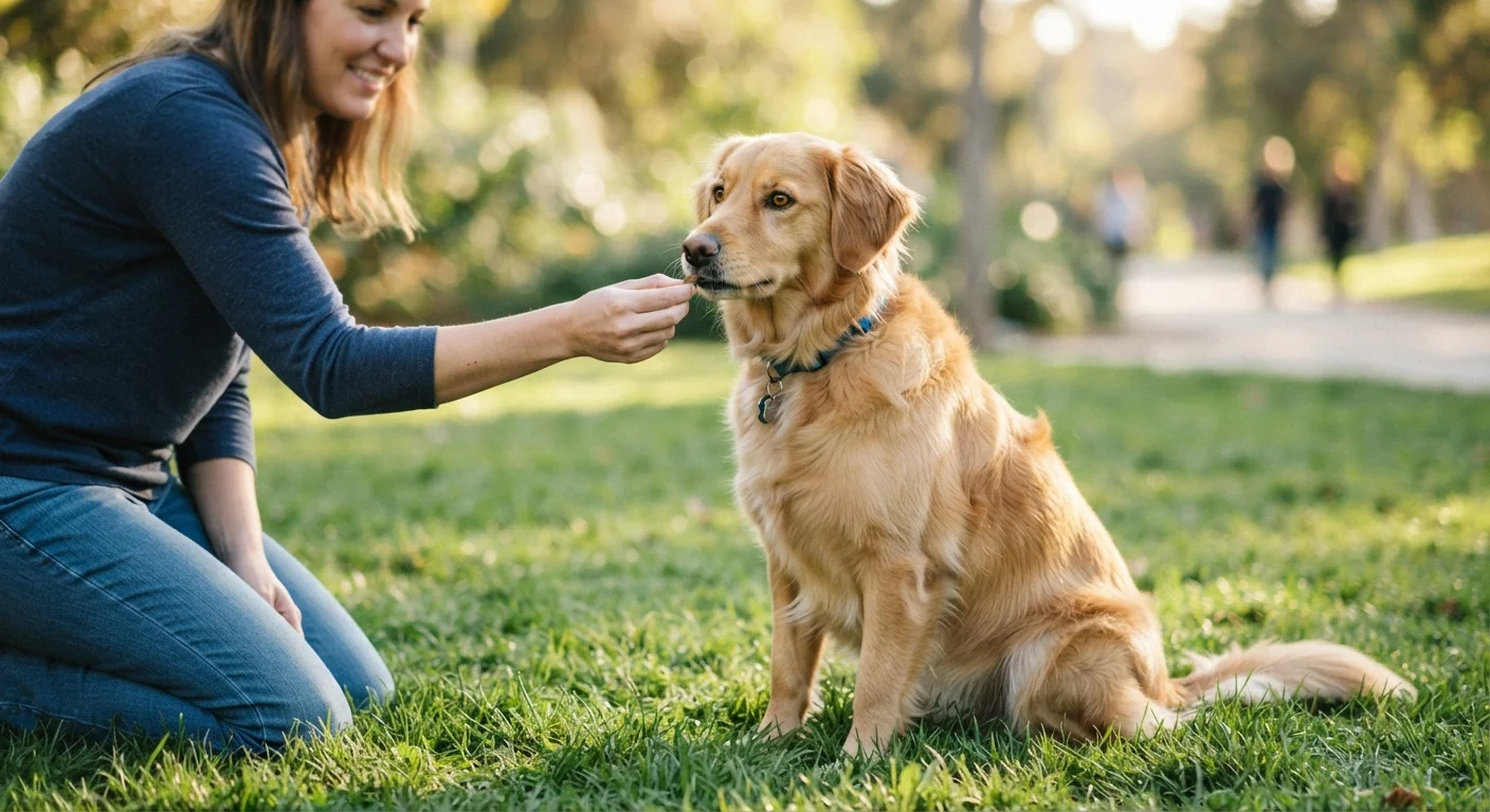 A dog sitting attentively while a trainer's hand offers a small reward treat outdoors on green grass.