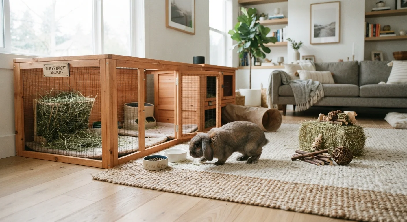 A lop-eared rabbit exploring a spacious indoor enclosure with hay, bowls, and enrichment items