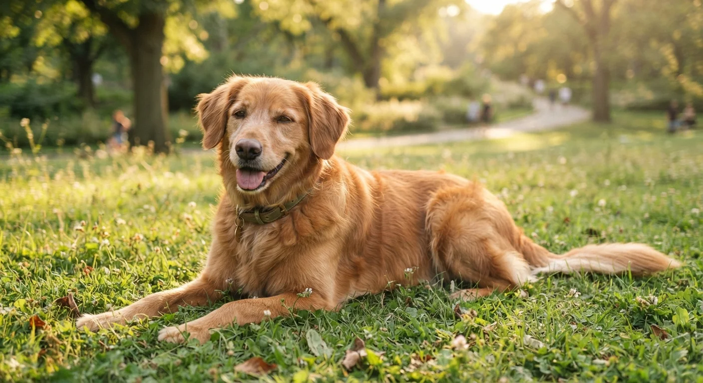 A dog with relaxed body posture and soft eyes sitting outdoors in natural light.