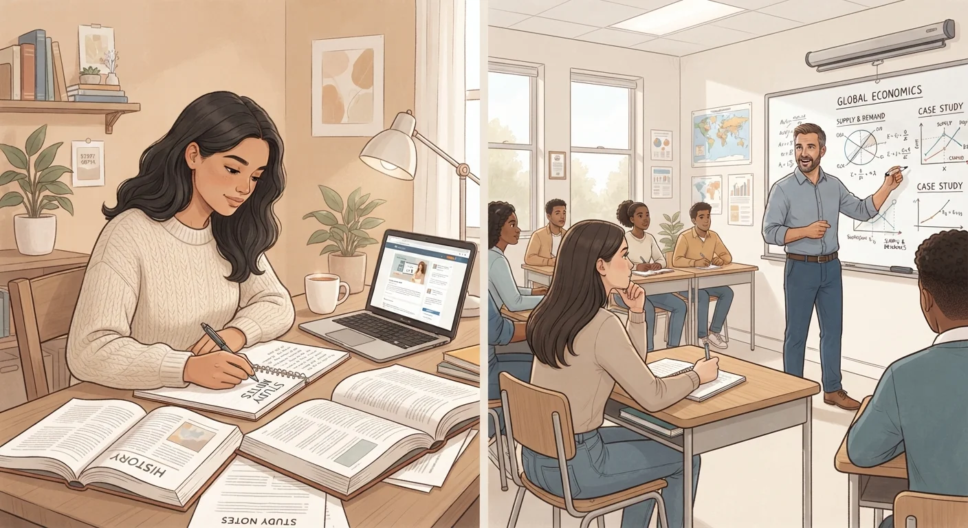 Split scene of a person studying alone at home versus attending a structured classroom course.