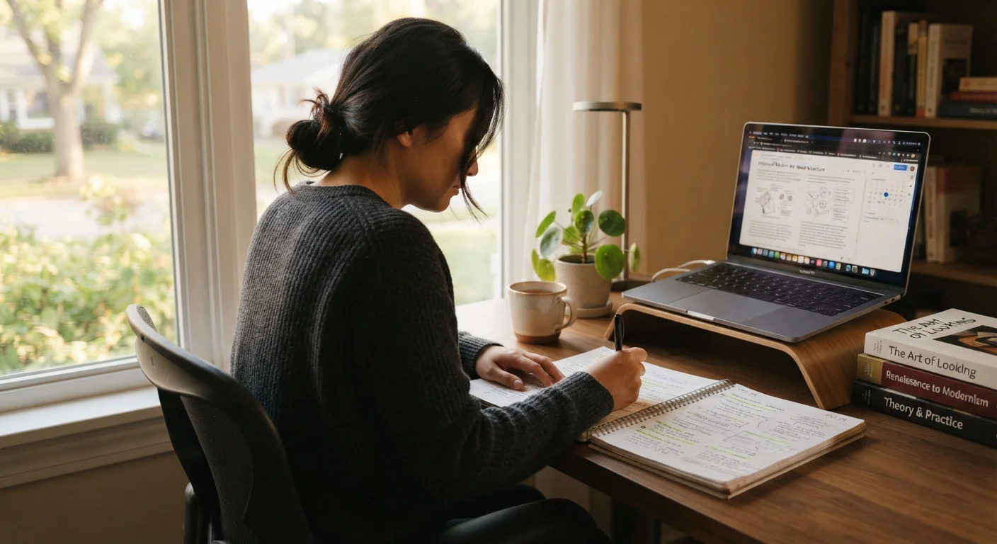 An adult learner studying independently at a home desk with a laptop and notebook in soft natural light