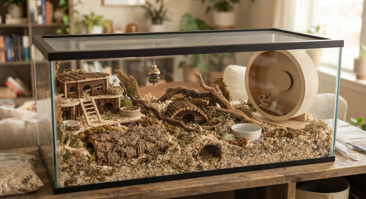 A properly set up glass tank enclosure for a gerbil or dwarf hamster with deep bedding and enrichment items