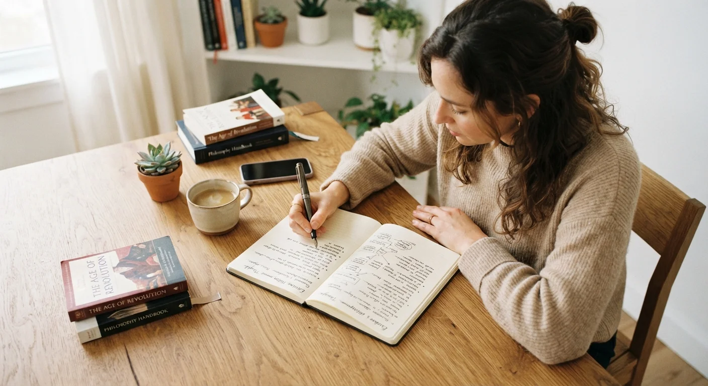 Adult learner writing notes at a wooden desk in a calm, well-lit study space