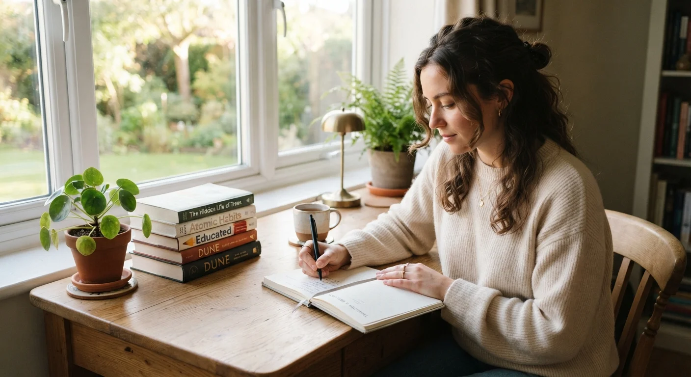 Person writing in a journal at a wooden desk with books and morning light.