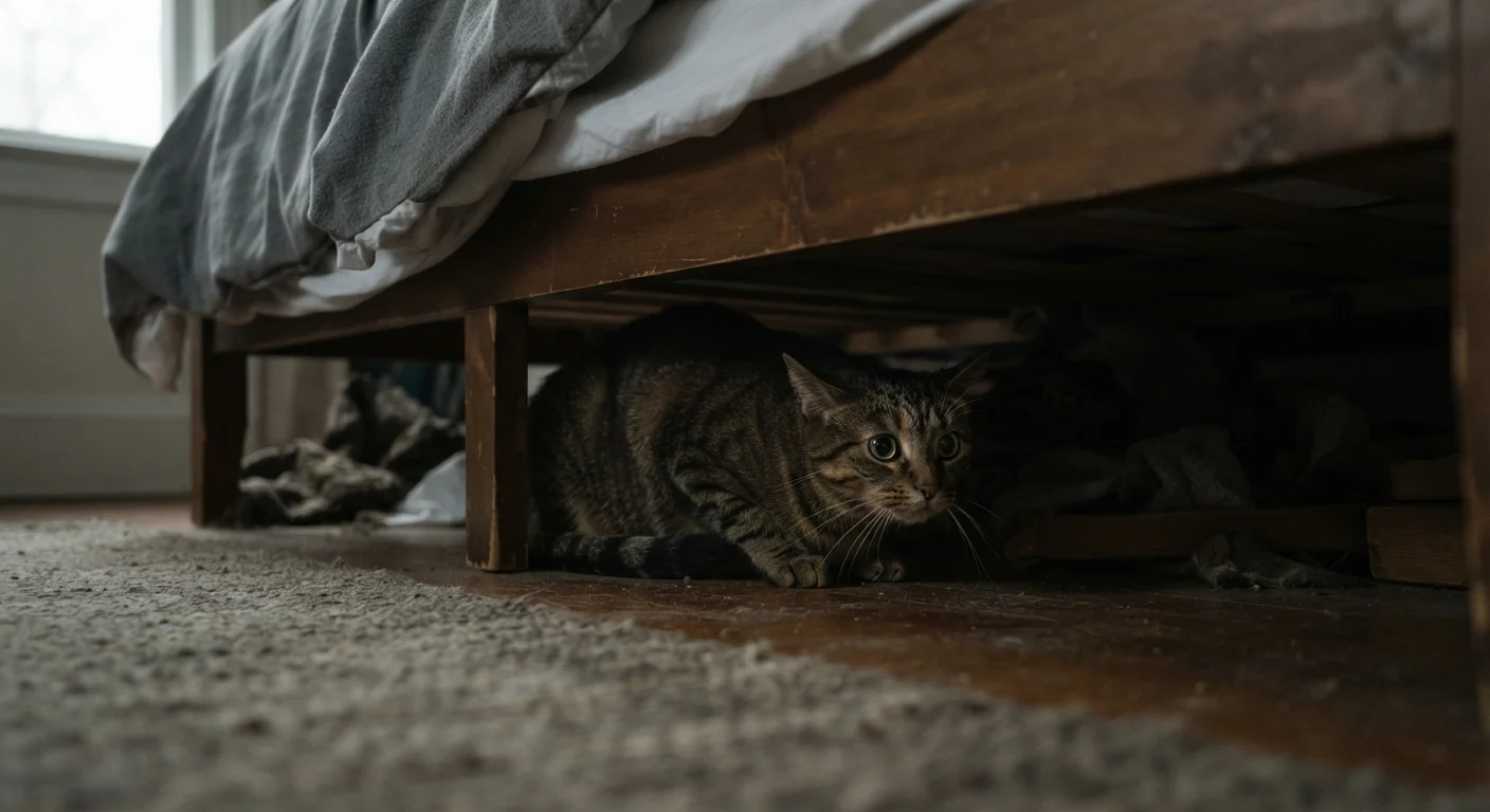 A tabby cat hiding under a bed with flattened ears and wide, alert eyes