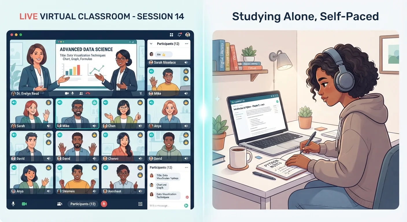 Split screen showing a live video classroom session and a solo self-paced learner with headphones