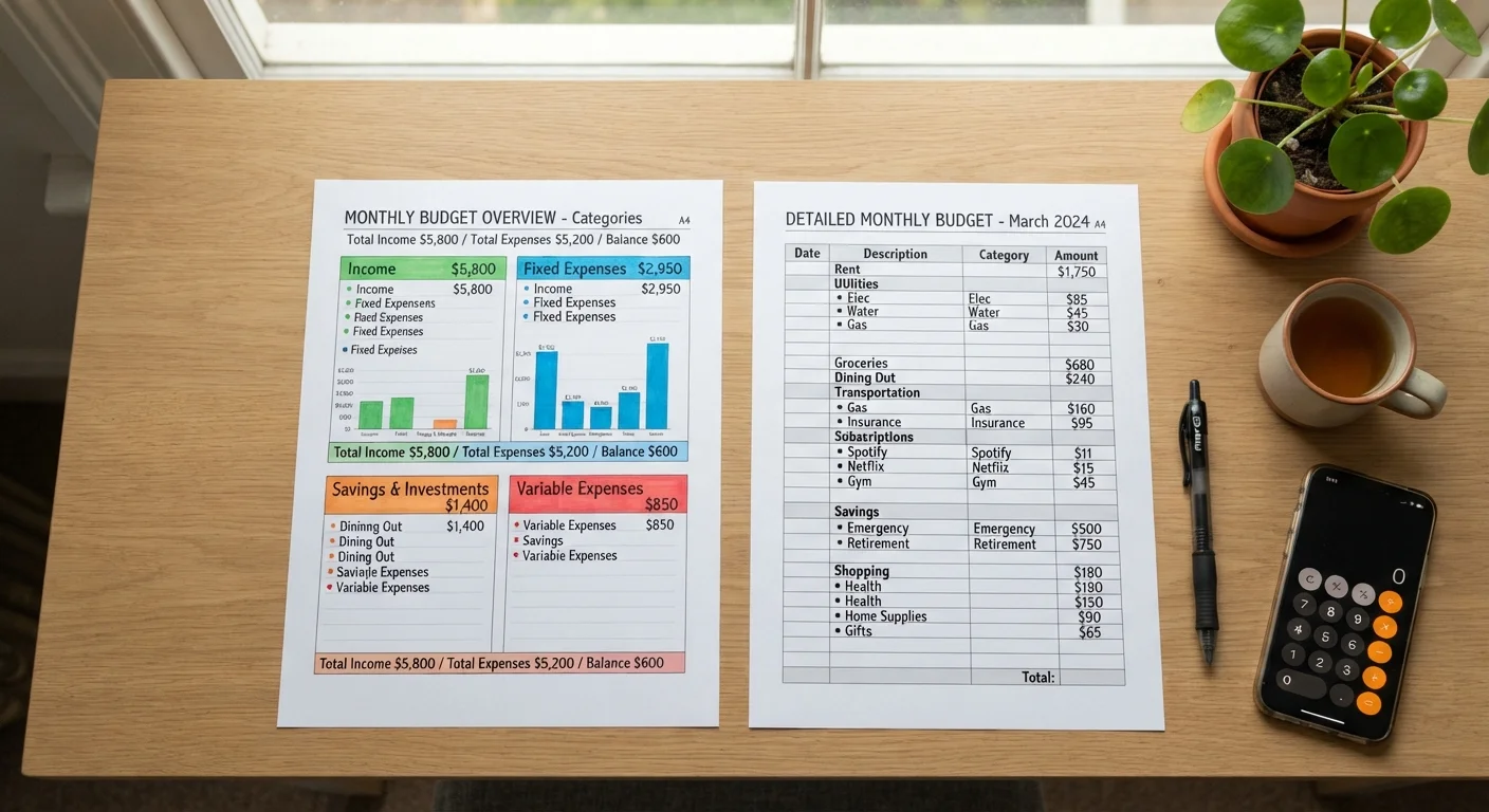 Two budgeting worksheets side by side showing different approaches to organizing personal finances