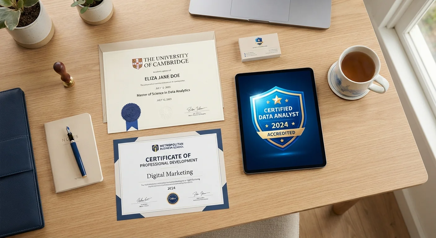 Academic diplomas, certificates, and credential documents arranged neatly on a desk surface