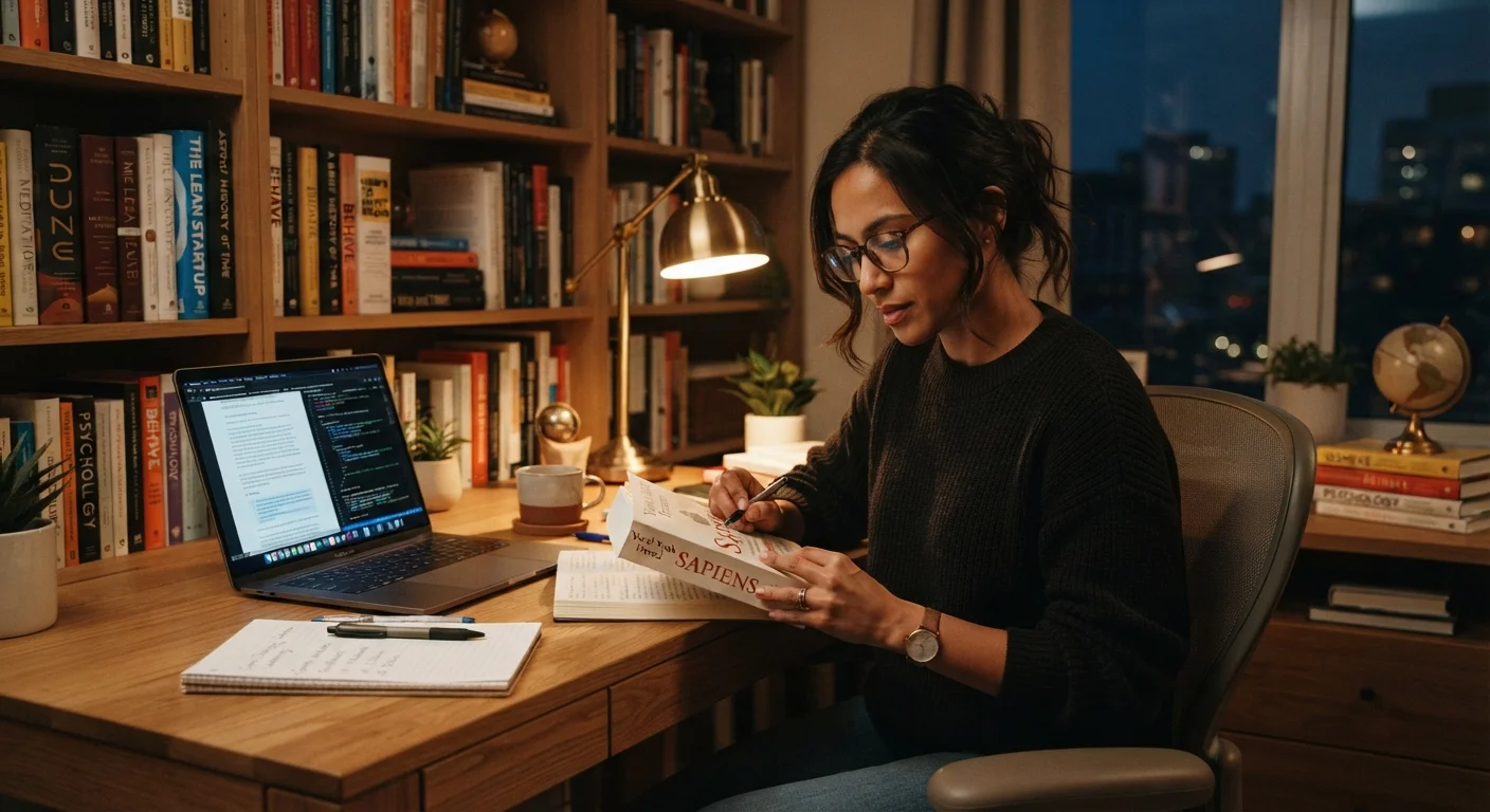 Adult learner studying a new skill at a tidy desk with books and a laptop